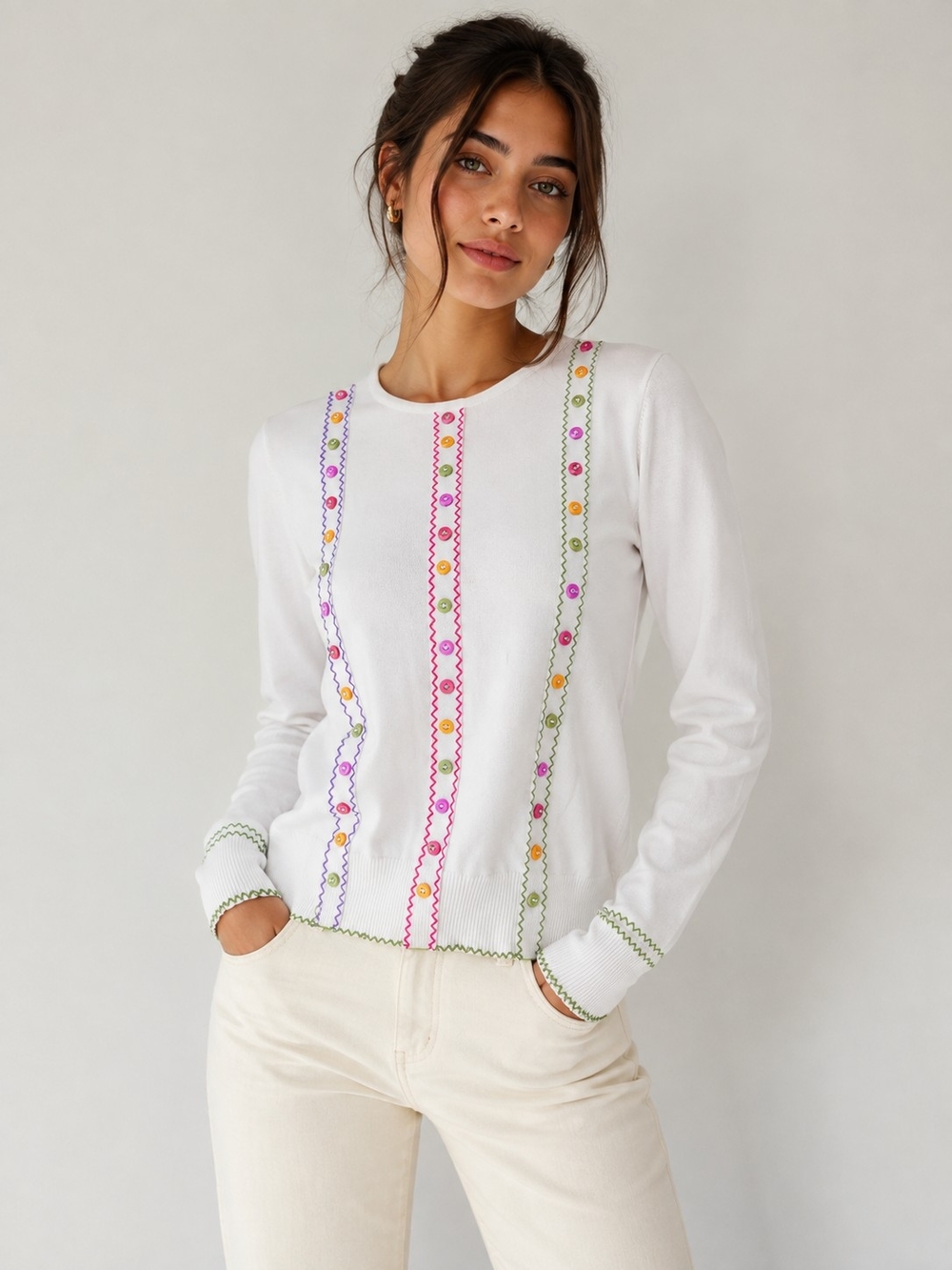 White Crewneck Sweater with Colorful Embroidered Stripes